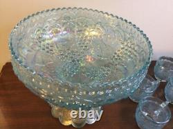 Imperial Ice Blue Carnival Glass Punch Bowl Set Bowl, Stand & 8 Cups