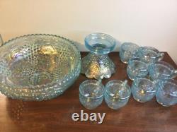 Imperial Ice Blue Carnival Glass Punch Bowl Set Bowl, Stand & 8 Cups