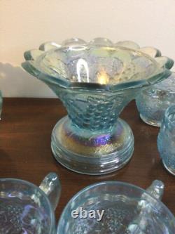 Imperial Ice Blue Carnival Glass Punch Bowl Set Bowl, Stand & 8 Cups