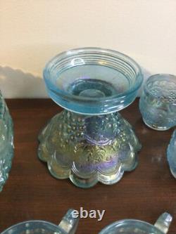 Imperial Ice Blue Carnival Glass Punch Bowl Set Bowl, Stand & 8 Cups
