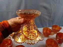 Imperial Marigold Carnival Glass 474 Punch Bowl Set Bowl, Stand & 13 Cups