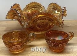Imperial Marigold Carnival Glass Diamond Ruffled Punch Bowl 12 Large with 2 cups