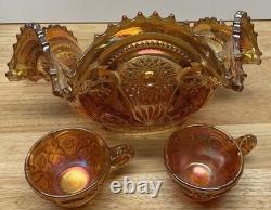 Imperial Marigold Carnival Glass Diamond Ruffled Punch Bowl 12 Large with 2 cups