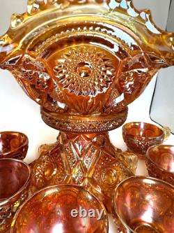 Imperial Marigold Carnival Glass Hobstar & Arches Punch Bowl & Base with 6 Cups