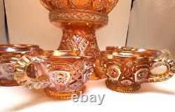 Imperial Marigold Carnival Glass Hobstar & Arches Punch Bowl & Base with 6 Cups