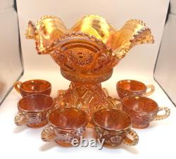 Imperial Marigold Carnival Glass Hobstar & Arches Punch Bowl & Base with 6 Cups