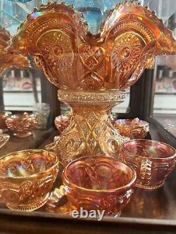 Imperial Marigold Carnival Glass Large Fruit & Punch Bowl Stand 6 Cups Hangers