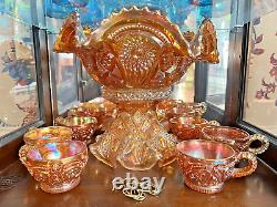 Imperial Marigold Carnival Glass Large Fruit & Punch Bowl Stand 6 Cups Hangers