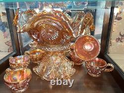 Imperial Marigold Carnival Glass Large Fruit & Punch Bowl Stand 6 Cups Hangers