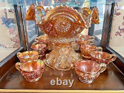 Imperial Marigold Carnival Glass Large Fruit & Punch Bowl Stand 6 Cups Hangers