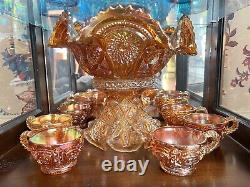 Imperial Marigold Carnival Glass Large Fruit & Punch Bowl Stand 6 Cups Hangers