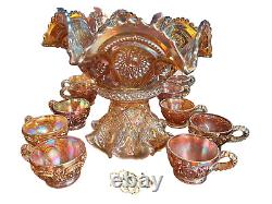 Imperial Marigold Carnival Glass Large Fruit & Punch Bowl Stand 6 Cups Hangers