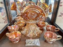 Imperial Marigold Carnival Glass Large Fruit & Punch Bowl Stand 6 Cups Hangers