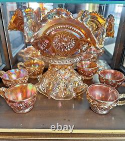 Imperial Marigold Carnival Glass Large Fruit & Punch Bowl Stand 6 Cups Hangers