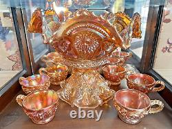 Imperial Marigold Carnival Glass Large Fruit & Punch Bowl Stand 6 Cups Hangers