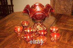 Imperial Marigold Carnival Glass Punch Bowl & Base Hobstar & Arches With 8 Cups