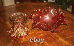 Imperial Marigold Carnival Glass Punch Bowl & Base Hobstar & Arches With 8 Cups