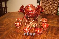 Imperial Marigold Carnival Glass Punch Bowl & Base Hobstar & Arches With 8 Cups