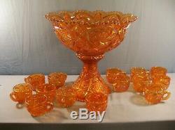 Imperial Marigold Carnival Glass Punch Bowl Set Hobstar Whirling Star 14 Cups