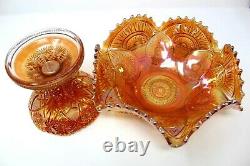 Imperial Marigold Carnival Glass Punch Bowl With Base Hobstars & Arches