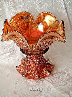 Imperial Marigold Carnival Glass Punch Bowl with Base Hobstars & Arches Pattern