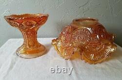 Imperial Marigold Carnival Glass Punch Bowl with Stand Hobstar and Arches