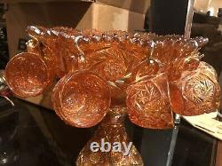 Imperial Marigold Punch Bowl & Cups Carnival Glass Set with 10 Cups