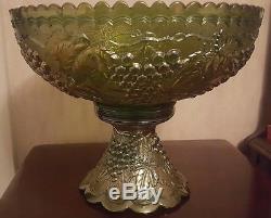 Imperial Signed Green Carnival Glass Grape Punch Bowl Set with 12 Cups & Ladle