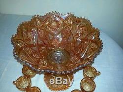Imperial WHIRLING STAR Marigold Carnival Glass Punch Bowl Set Original 1935