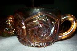 Imperial WHIRLING STAR Marigold Carnival Glass Punch Bowl Set Original 1935