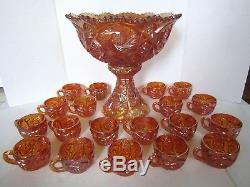 Imperial Whirling Star Marigold Carnival Glass Punch Bowl Set