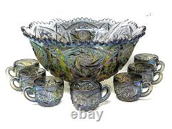 Imperial Whirling Star Peacock Carnival Glass Punch Bowl Cups Plus Ladle