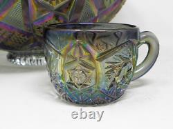 Imperial Whirling Star Peacock Carnival Glass Punch Bowl Cups Plus Ladle