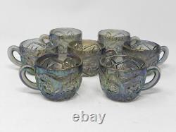 Imperial Whirling Star Peacock Carnival Glass Punch Bowl Cups Plus Ladle
