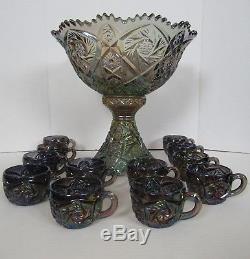 Imperial Whirling Star Smoke Carnival Glass Punch Bowl Set