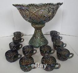 Imperial Whirling Star Smoke Carnival Glass Punch Bowl Set