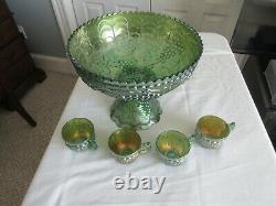 Imperial green Carnival Glass Punch Bowl with base excellent condition 4 cup