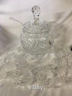 Imperlux hand cut lead crystal Covered Punch Bowl 12 Cups Glass Ladle Slovakia