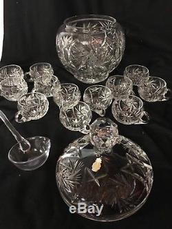 Imperlux hand cut lead crystal Covered Punch Bowl 12 Cups Glass Ladle Slovakia