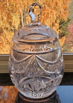 Impressive Antique Cut Glass Crystal Punch Bowl Hobstar File Drape w Lid