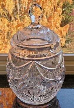 Impressive Antique Cut Glass Crystal Punch Bowl Hobstar File Drape w Lid
