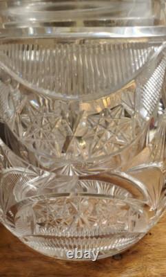 Impressive Antique Cut Glass Crystal Punch Bowl Hobstar File Drape w Lid