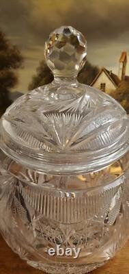 Impressive Antique Cut Glass Crystal Punch Bowl Hobstar File Drape w Lid