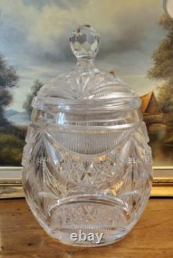 Impressive Antique Cut Glass Crystal Punch Bowl Hobstar File Drape w Lid