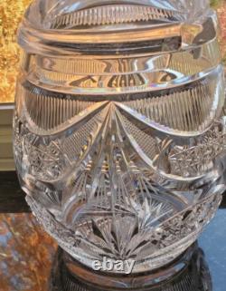 Impressive Antique Cut Glass Crystal Punch Bowl Hobstar File Drape w Lid