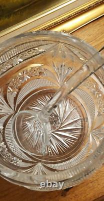 Impressive Antique Cut Glass Crystal Punch Bowl Hobstar File Drape w Lid