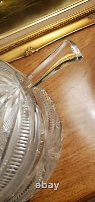 Impressive Antique Cut Glass Crystal Punch Bowl Hobstar File Drape w Lid