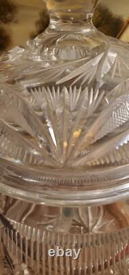 Impressive Antique Cut Glass Crystal Punch Bowl Hobstar File Drape w Lid
