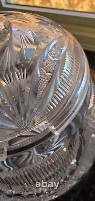 Impressive Antique Cut Glass Crystal Punch Bowl Hobstar File Drape w Lid