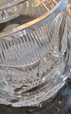 Impressive Antique Cut Glass Crystal Punch Bowl Hobstar File Drape w Lid